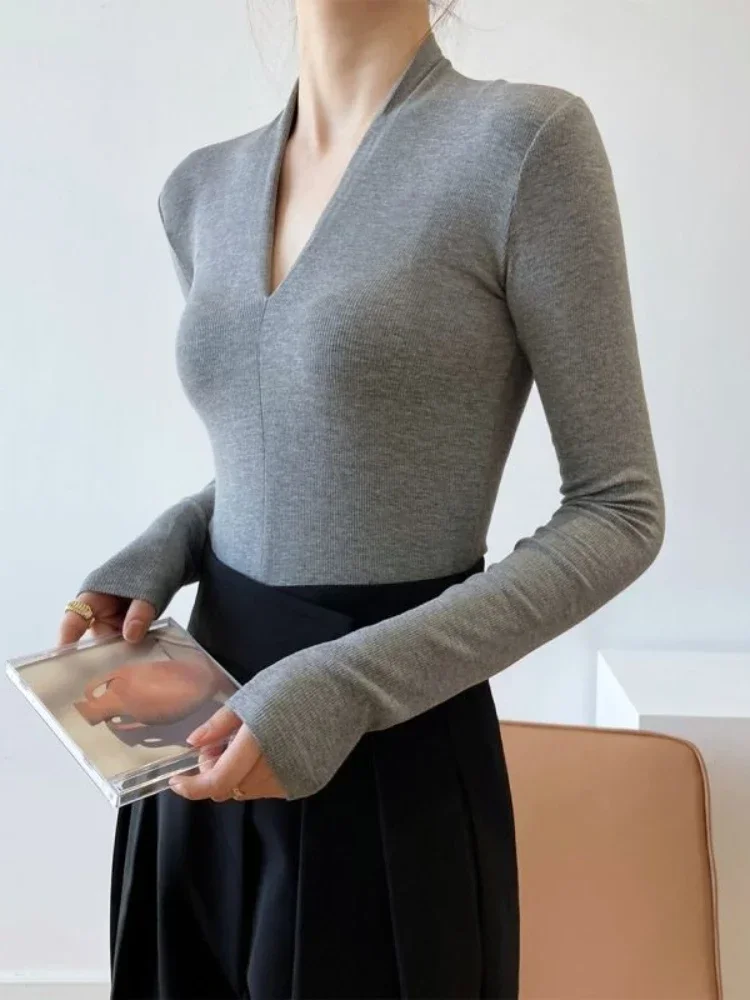 Women'S Fashion Tops - Kemeja Slim V-neck Lengan Panjang Atasan