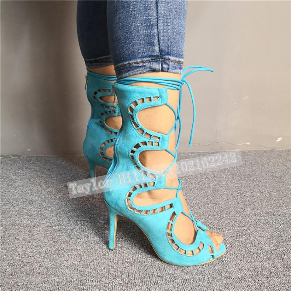 Women'S Fashion Leather Boots - Sandal Biru dengan Tali Silang dan