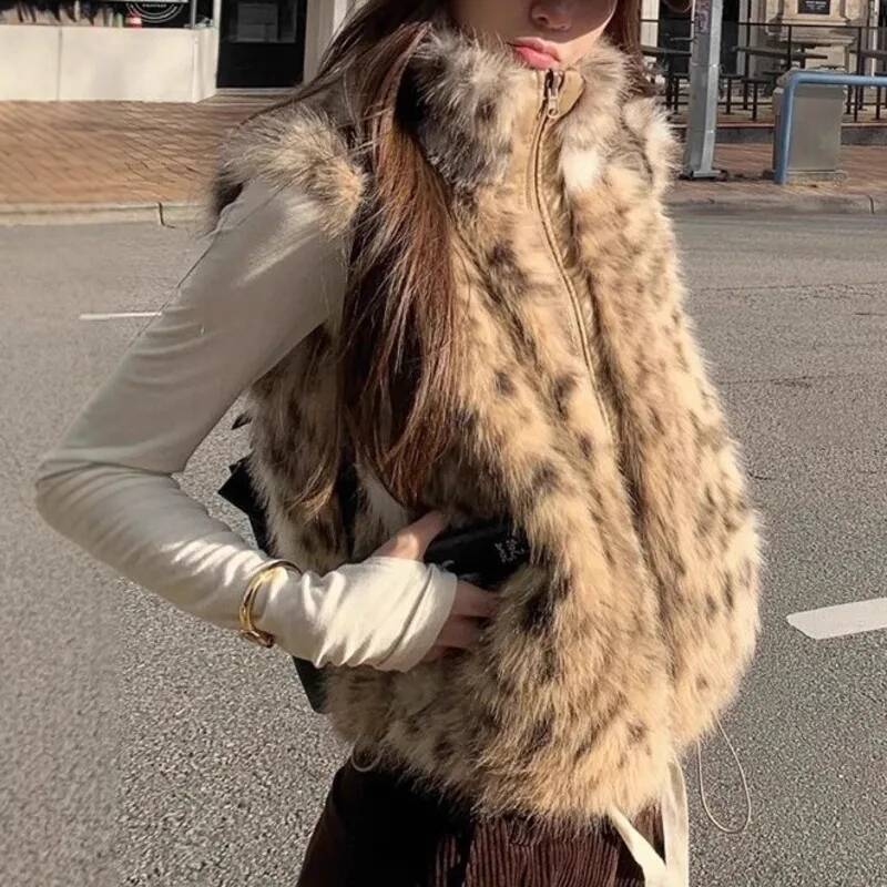 Women'S Fashion Gilet - Rompi Bulu Imitasi Motif Leopard Wanita,