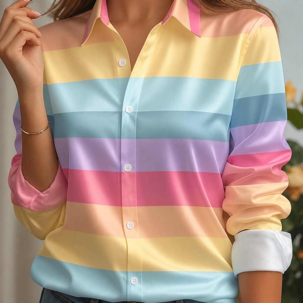 Trend Women Fashion - Kemeja Wanita Kerah Satin Bergaris Pastel