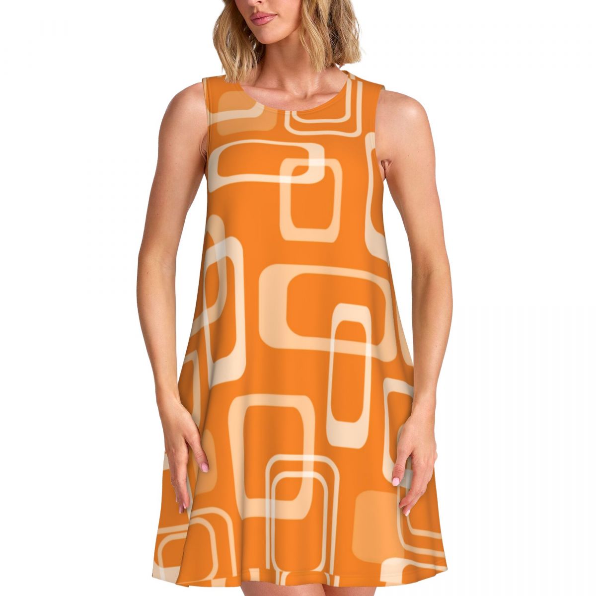 Women'S Fashion In The 60S - Gaun Retro Oranye Motif Kotak 60-an