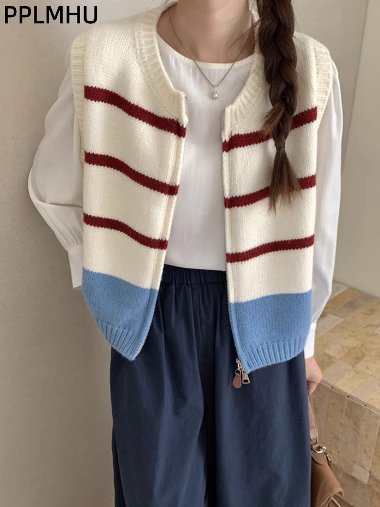 Women'S Fashion Gilet - Rompi Rajut Cardigan Bergaris dengan Ritsleting