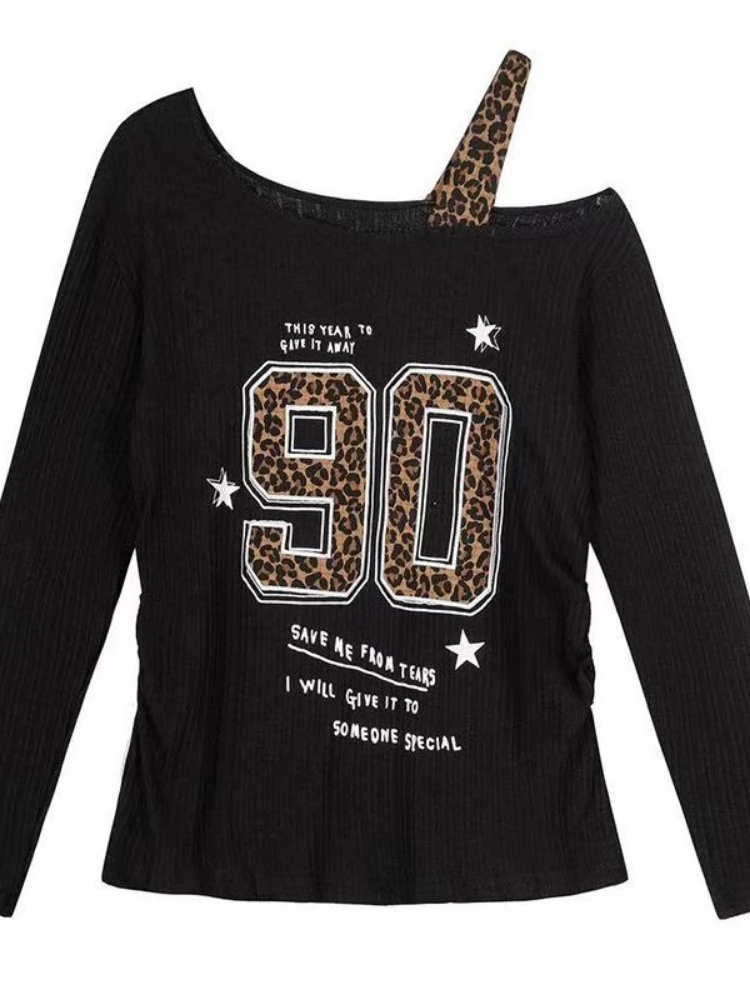 Women'S Fashion Tops - Kaos Leopard Print Patchwork Y2K Wanita,