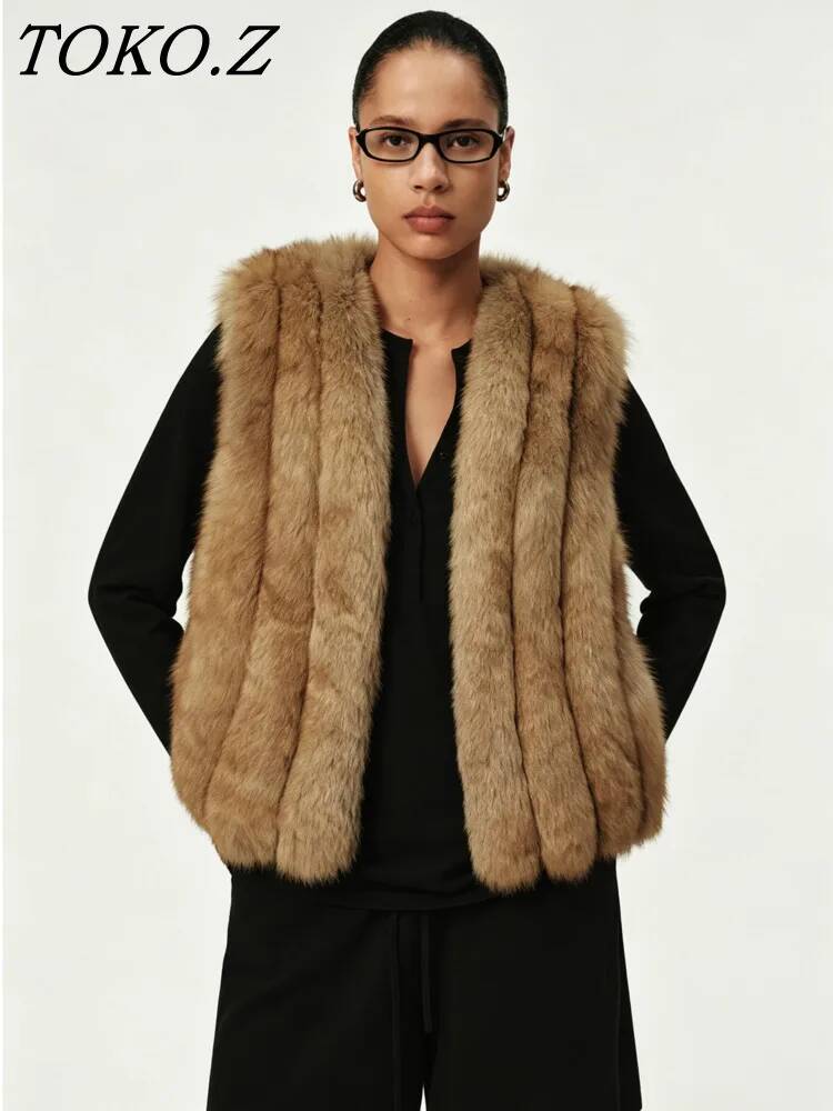 Women'S Fashion Gilet - TOKO Rompi Bulu Rubah Palsu Bergaris