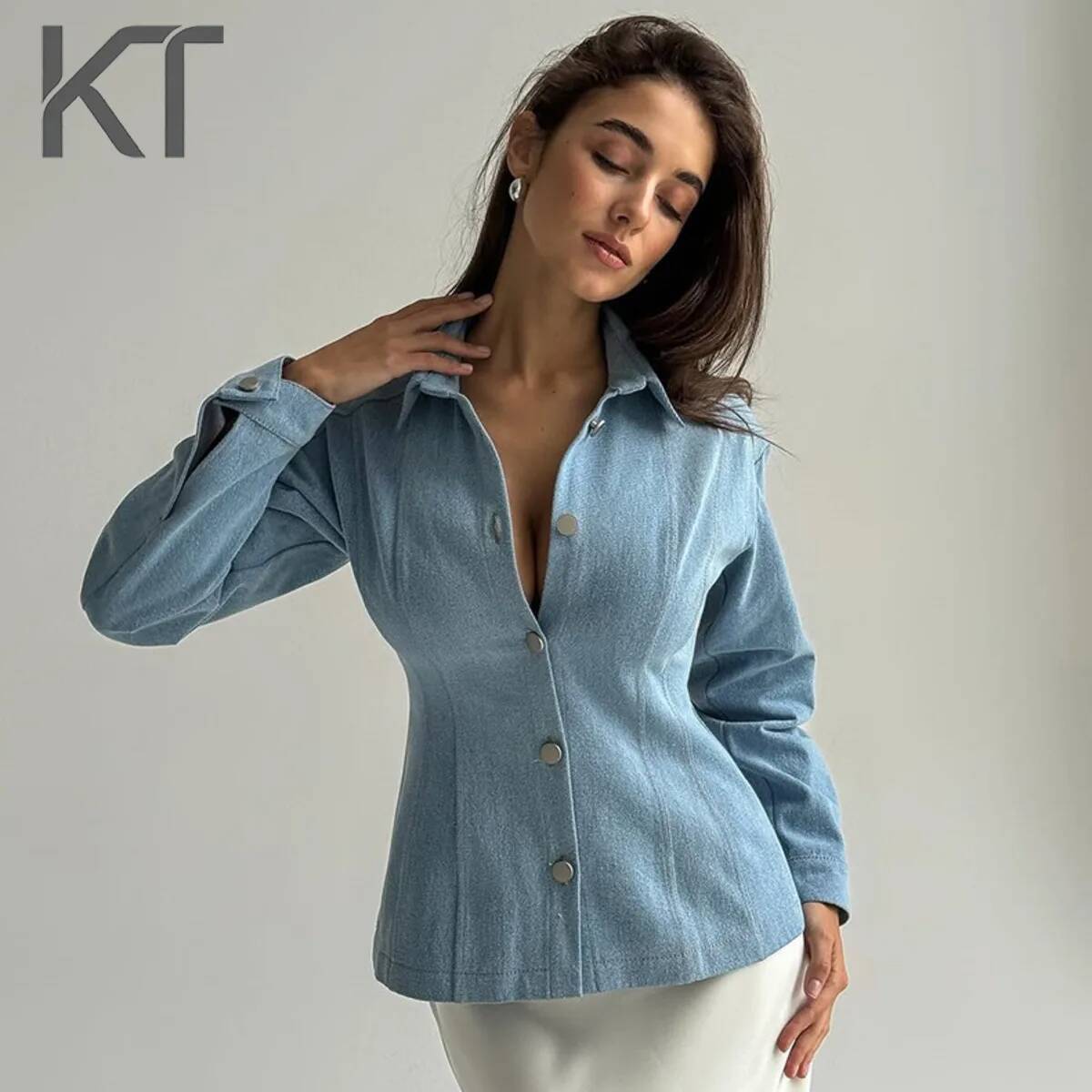 Women Fashion Wear - Kemeja Denim Vintage KT untuk Wanita,
