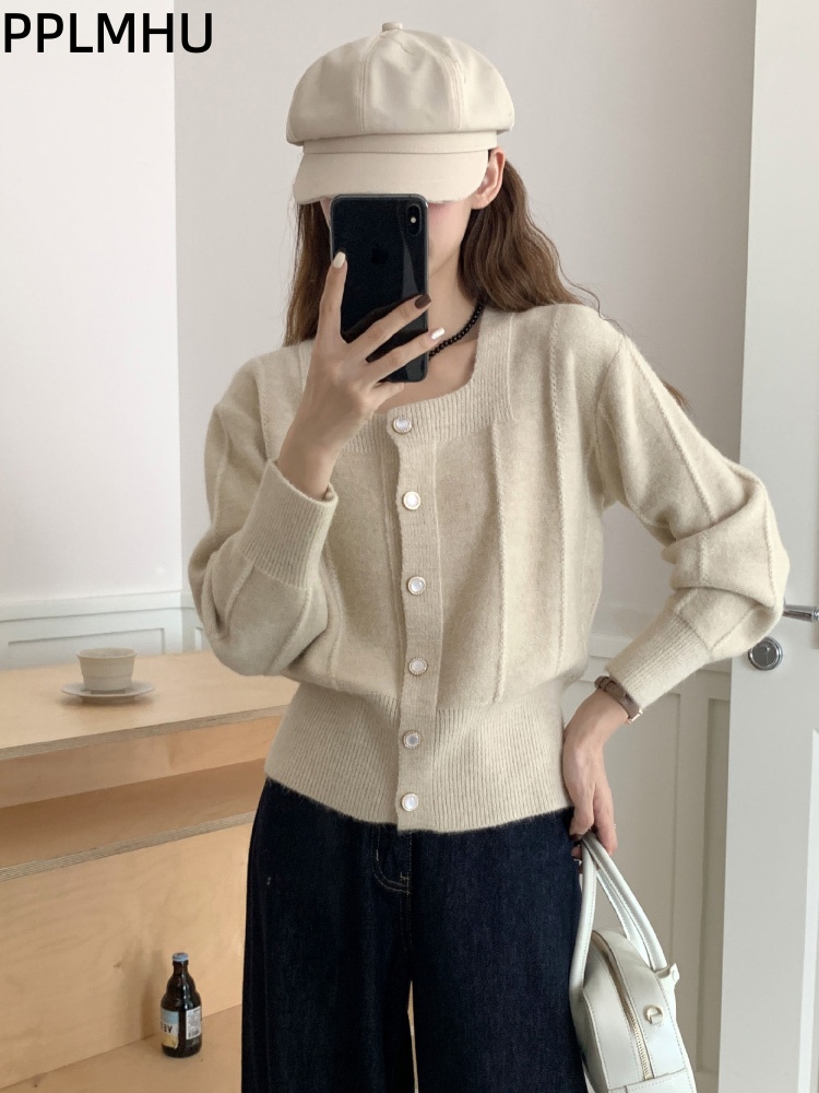 Women'S Fashion Gilet - Kardigan Rajut Kerah Kotak Gaya Korea