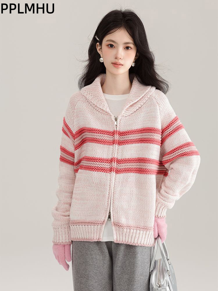 Women'S Fashion Gilet - Kardigan Rajut Bergaris Kerah Turun Model
