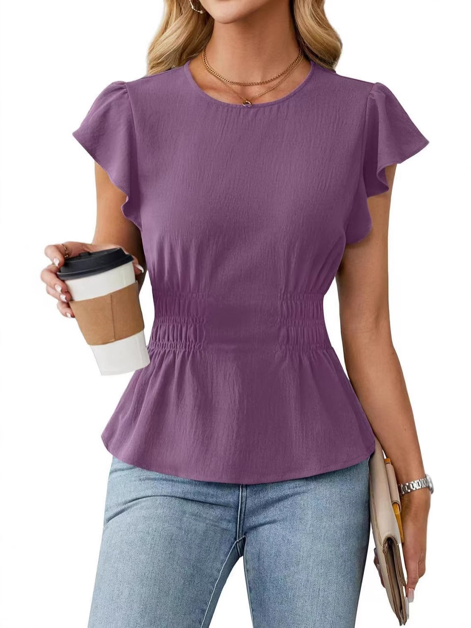 Women'S Fashion Tops - Blus Wanita Lengan Pendek Berumbai, Kerah