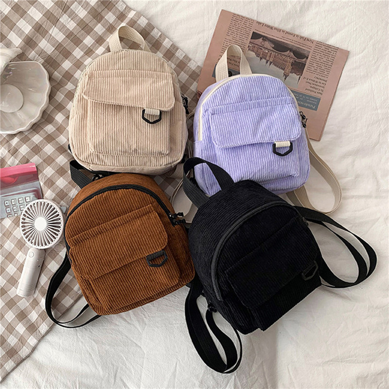 Women'S Fashion Backpack - Tas punggung Mini korduroi warna polos,