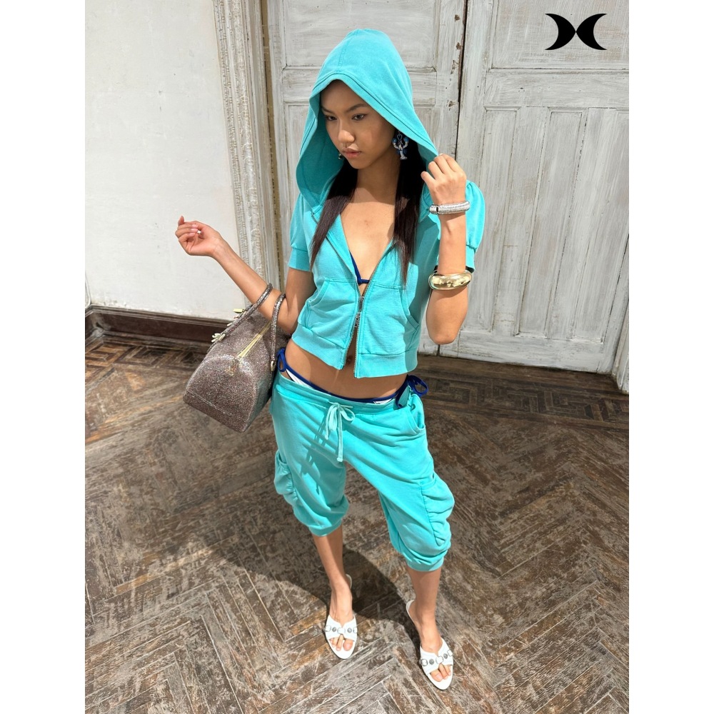 Trend Women Fashion - Setelan jaket hoodie pendek berkancing ritsleting