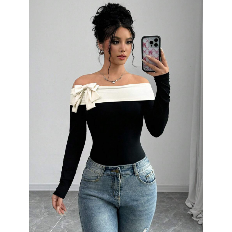 Women Fashion Wear - Bodysuit Off Shoulder dengan Hiasan Pita