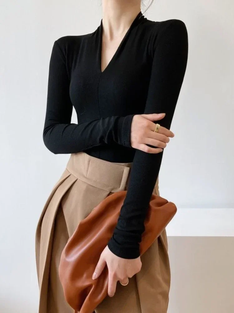 Kemeja Slim V-neck Lengan Panj - Women'S Fashion Tops ulasan dan harga