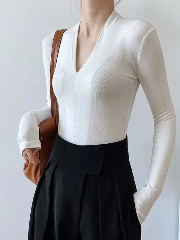 Kemeja Slim V-neck Lengan Panj - Women'S Fashion Tops ulasan dan harga