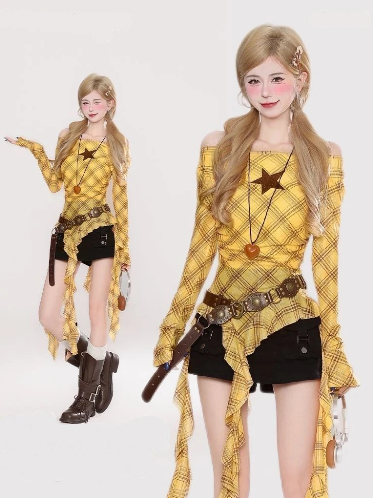 Kaos Vintage Y2K Plaid Slash N - Women'S Fashion Tops ulasan dan harga