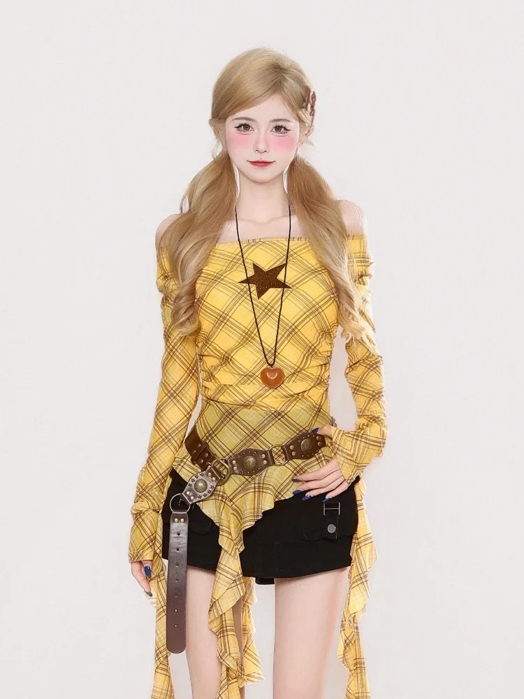 Kaos Vintage Y2K Plaid Slash N - Women'S Fashion Tops ulasan dan harga