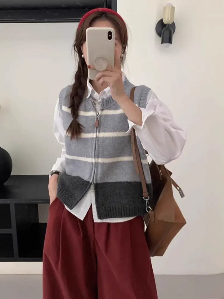 Rompi Rajut Cardigan Bergaris  - Women'S Fashion Gilet ulasan dan harga